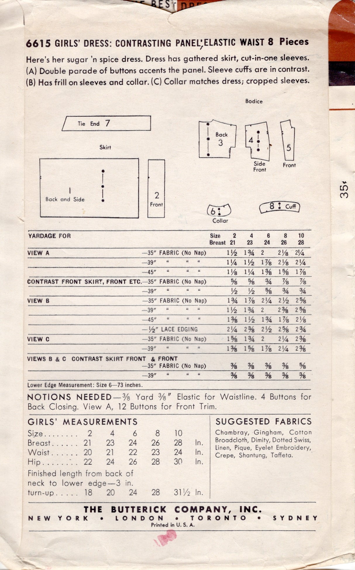 1950's Butterick Child's Contrasting Panel, Elastic Waist Dress Pattern - Chest 26" - No. 6615
