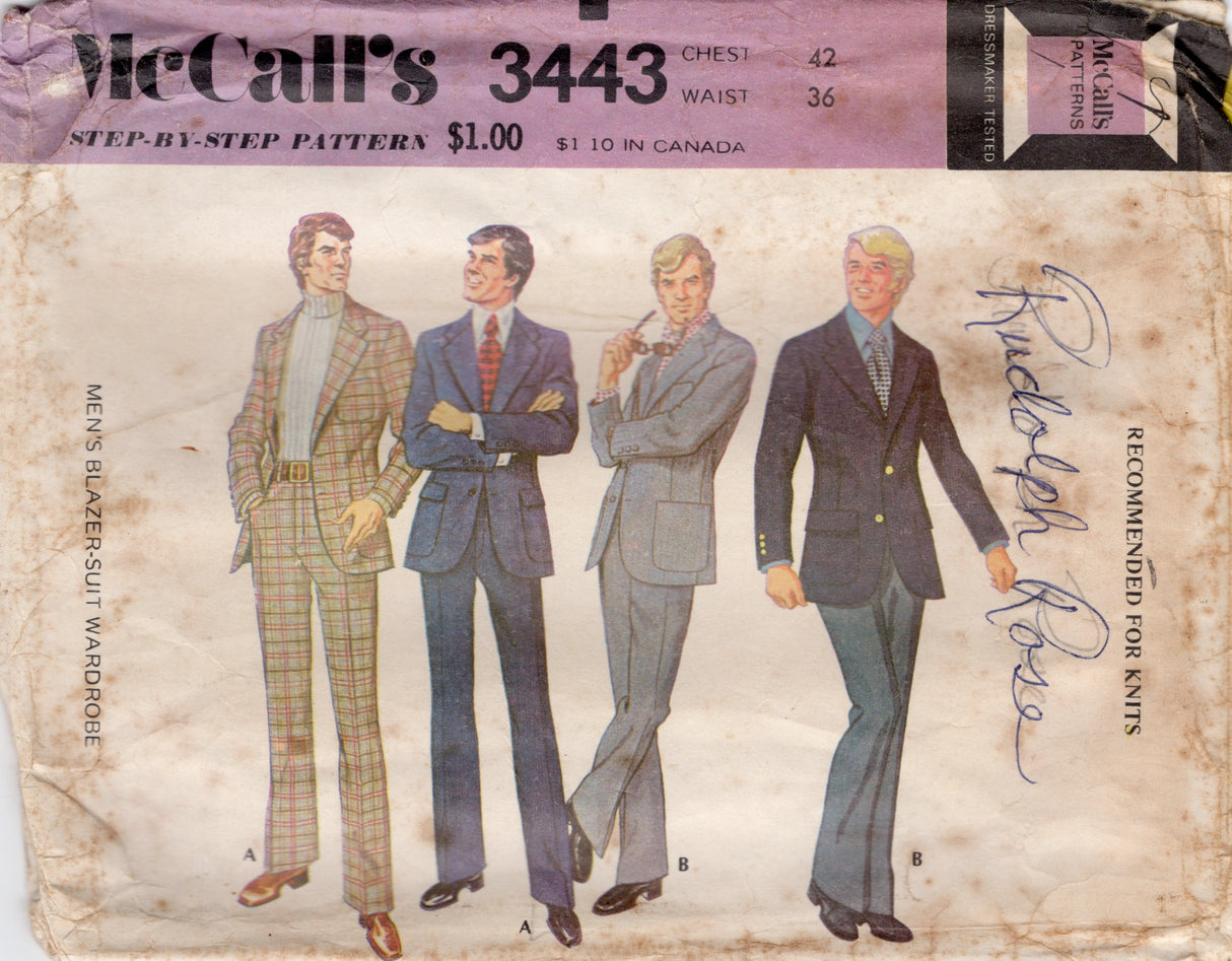 1970's McCall's Men's Blazer Suit Pattern - Chest 42" - No. 3443