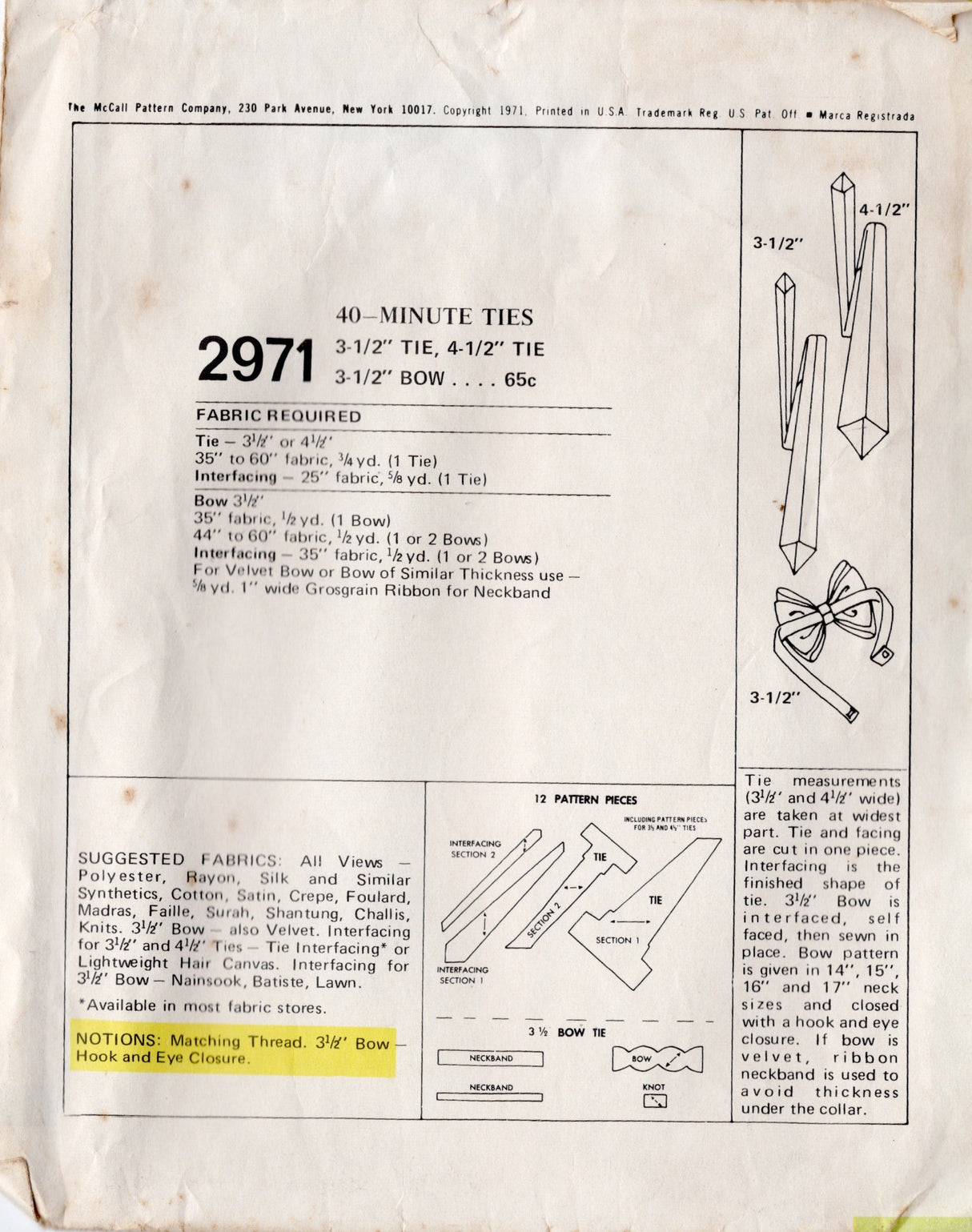 1970's McCall's Men's Accessory Pattern: 3.5" and 4.5" Wide Ties and Bow Tie Pattern - One Size - No. 2971