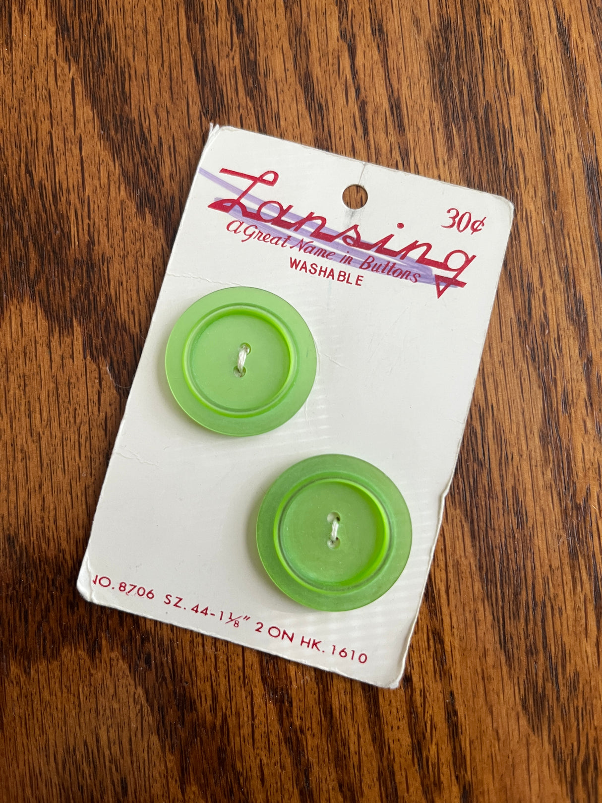 1960’s Lansing Light Green Plastic Button - Set of 2 - 1 1/8" - on card