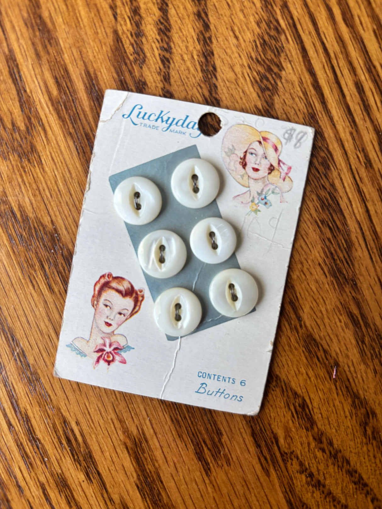 1940’s Lucky Day Pearl Buttons - Opaque - Set of 6 - 1/2" - on card