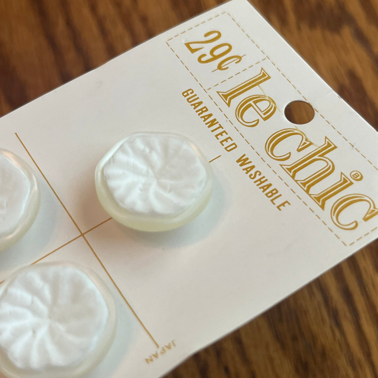 1960’s Le Chic Plastic Buttons - Cream and White - Set of 3 - 7/8" - on card