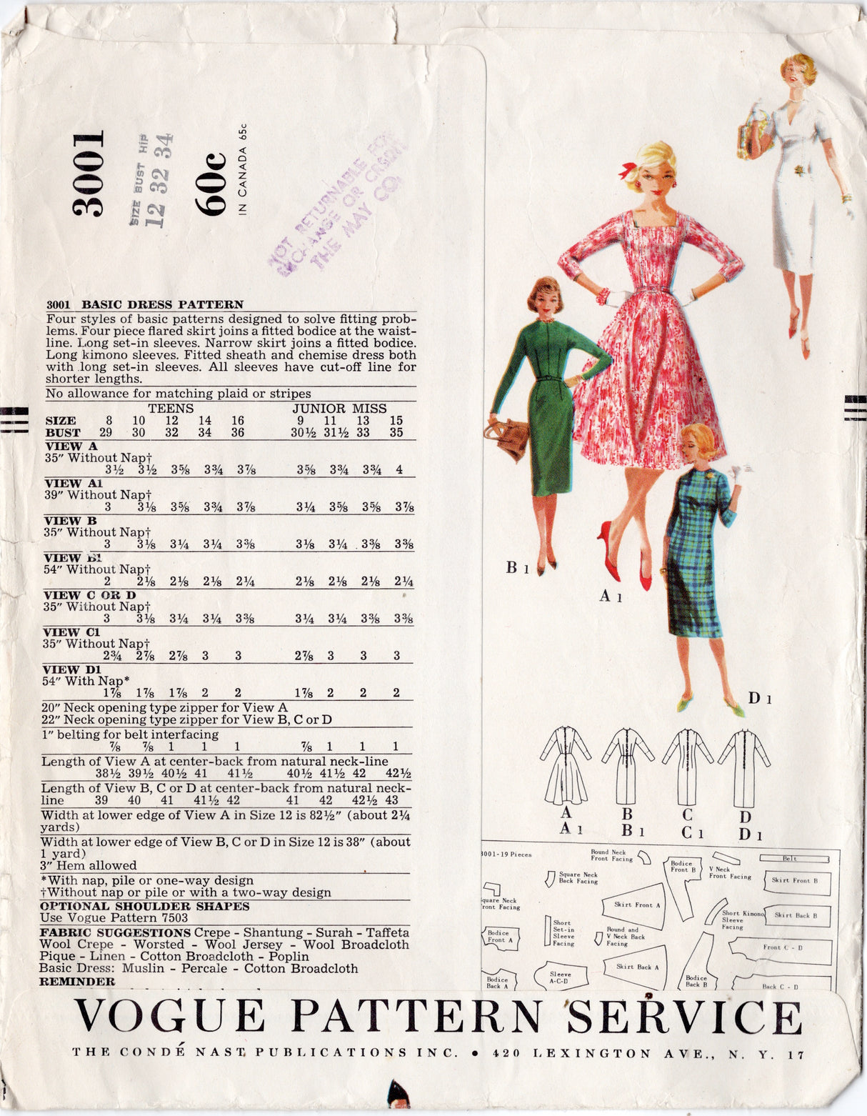 1950's Vogue Basic Design Dress Block Pattern - Bust 32" - No. 3001