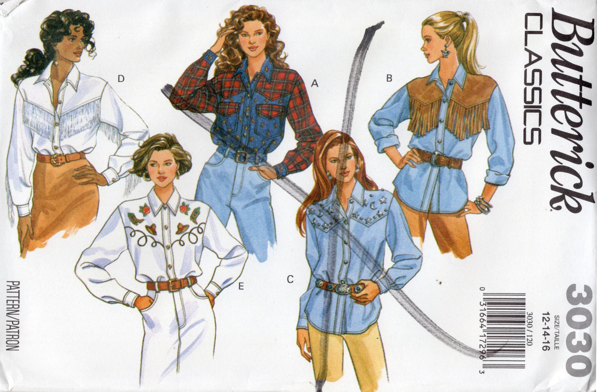 1990's Butterick Button Up Western Shirt Pattern - Bust 34-38" - No. 3030