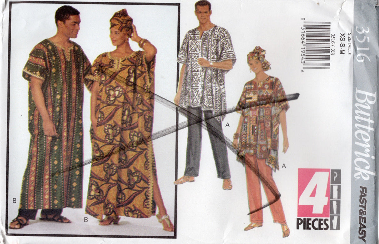 1970's Simplicity Caftan Dress, Tunic, Pants and Headwrap Pattern - Bust 30-40" - No. 3516