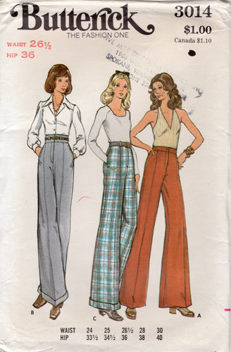 1970's Butterick Wide Leg Pants Pattern - Waist 26.5