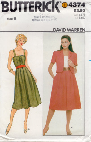 1980's Butterick Summer Dress pattern with Thin Straps and Pleated skirt and Jacket pattern - Bust 31.5