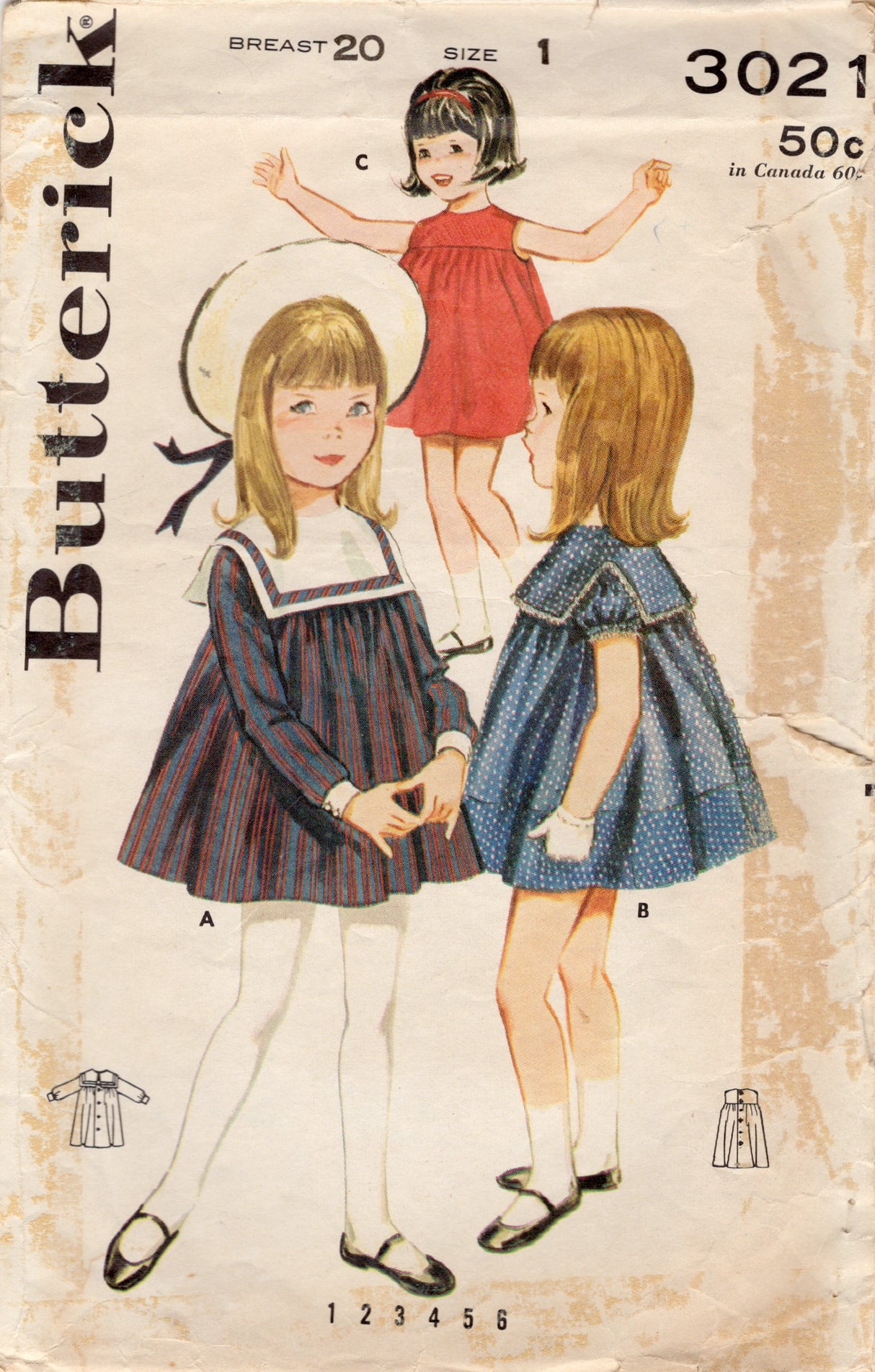 1960's Butterick Child's Dress Pattern with Large Collar - Chest 20-23" - No. 3021