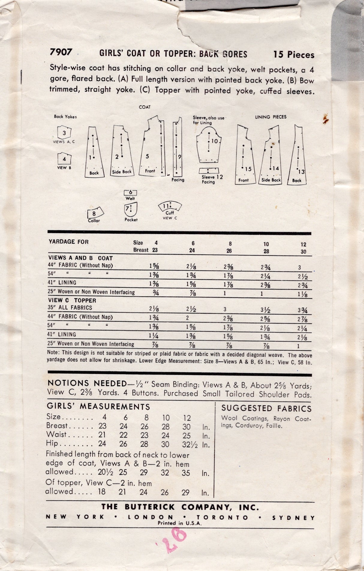 1950's Butterick Child's Coat Pattern in Two Lengths - Chest 24" - No. 7907