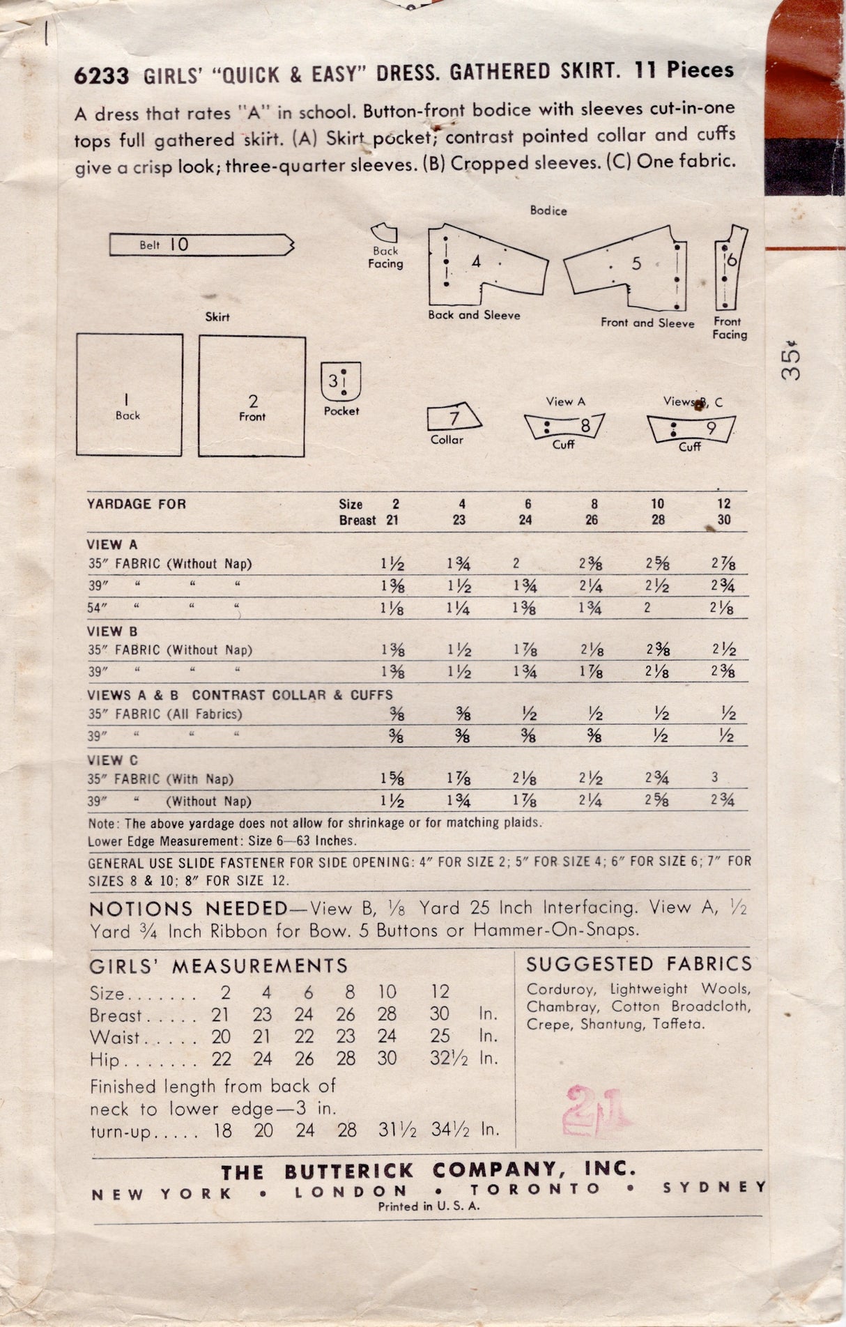 1950's Butterick Child's Fit and Flare Shirtwaist Dress Pattern - Chest 28" - No. 6233