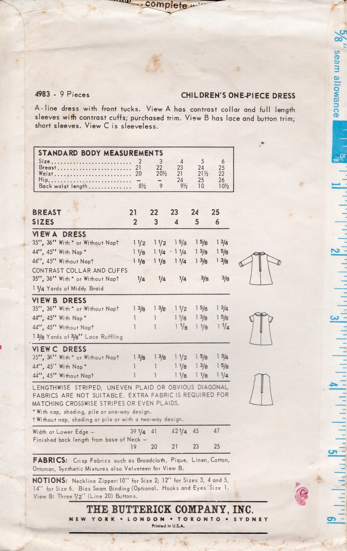 1960's Butterick Child's Tucked Front Dress - Chest 22" - No. 4983