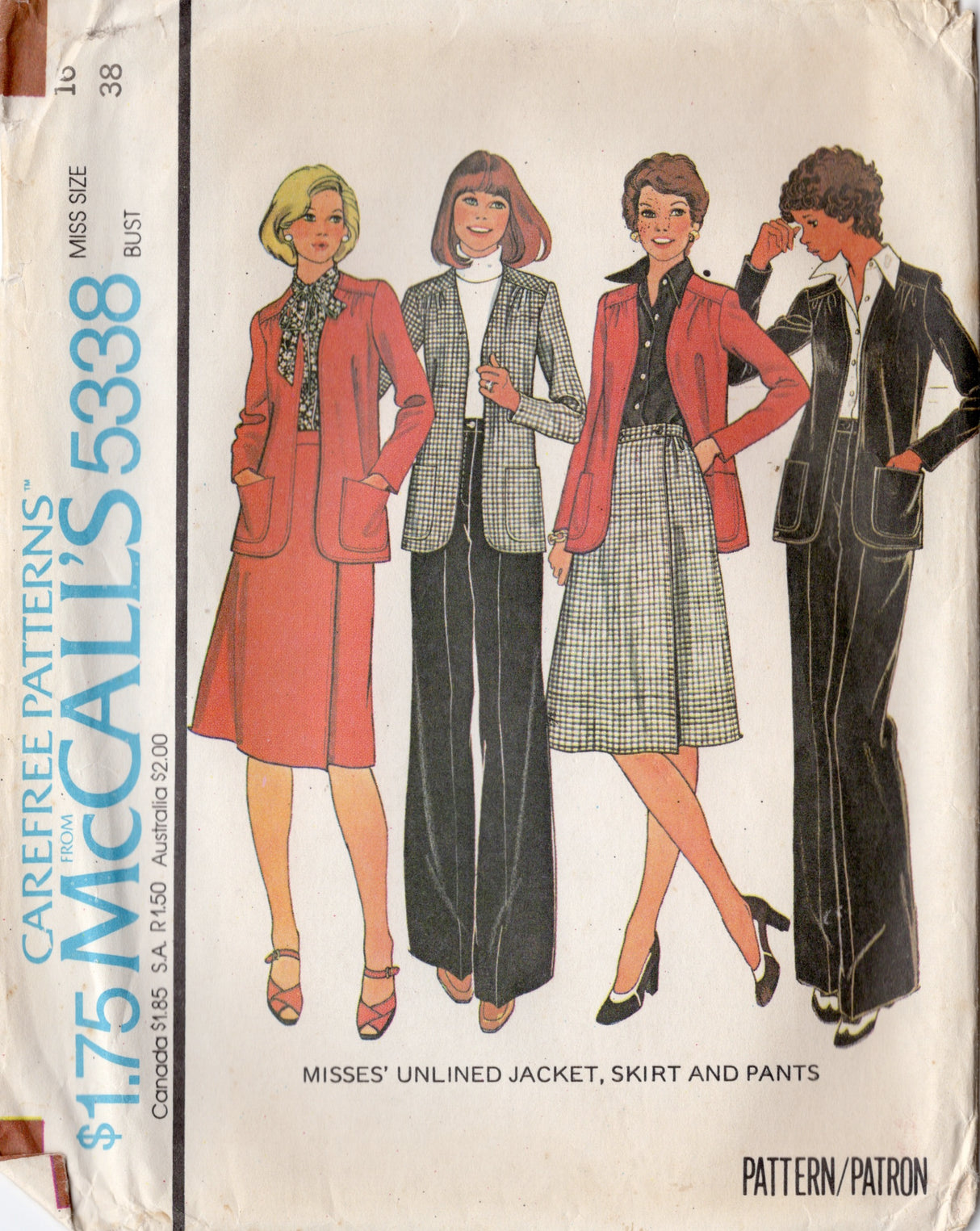 1970's McCall's Pullover Unlined Jacket, Front Lap Skirt and Wide Leg Pants Pattern - Bust 38" - No. 5338
