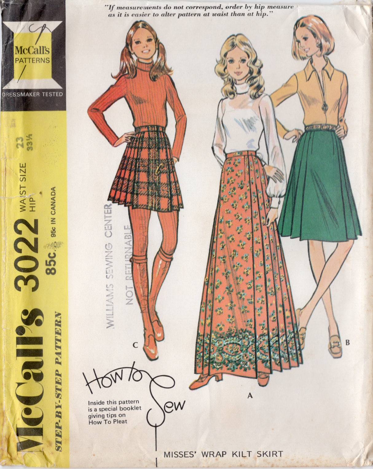 1970's McCall's Wrap Kilt Skirt - Waist 23" - No. 3022