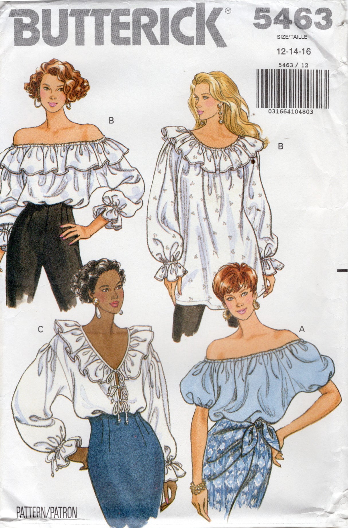 1990's Butterick V-Neck or Off the Shoulder Shirt Pattern - Bust 34-38" - No. 5463