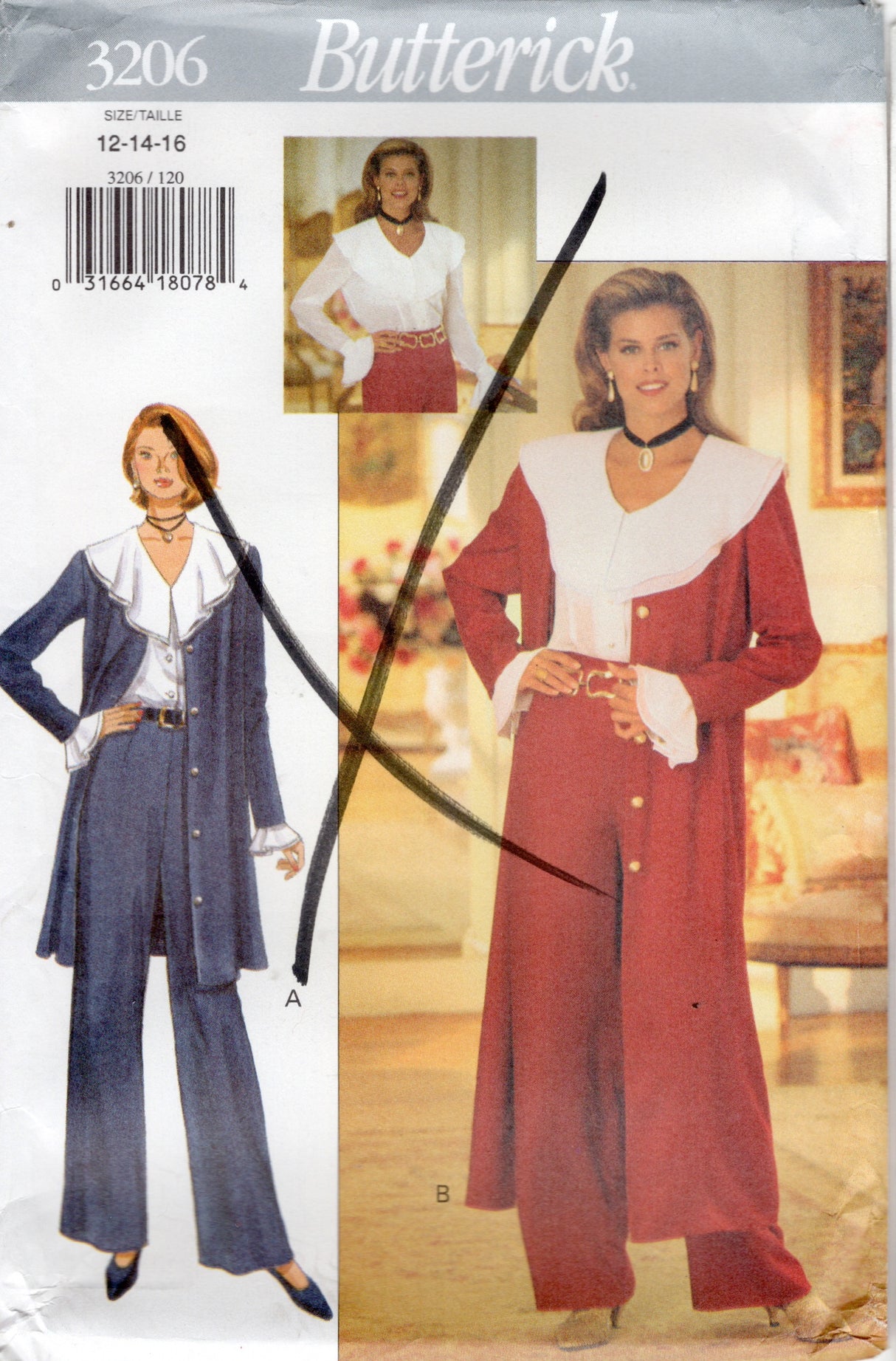 1990's Butterick Duster Jacket, Pants and V-Neck Shirt with large Collar Pattern - Bust 34-38" - No. 3206