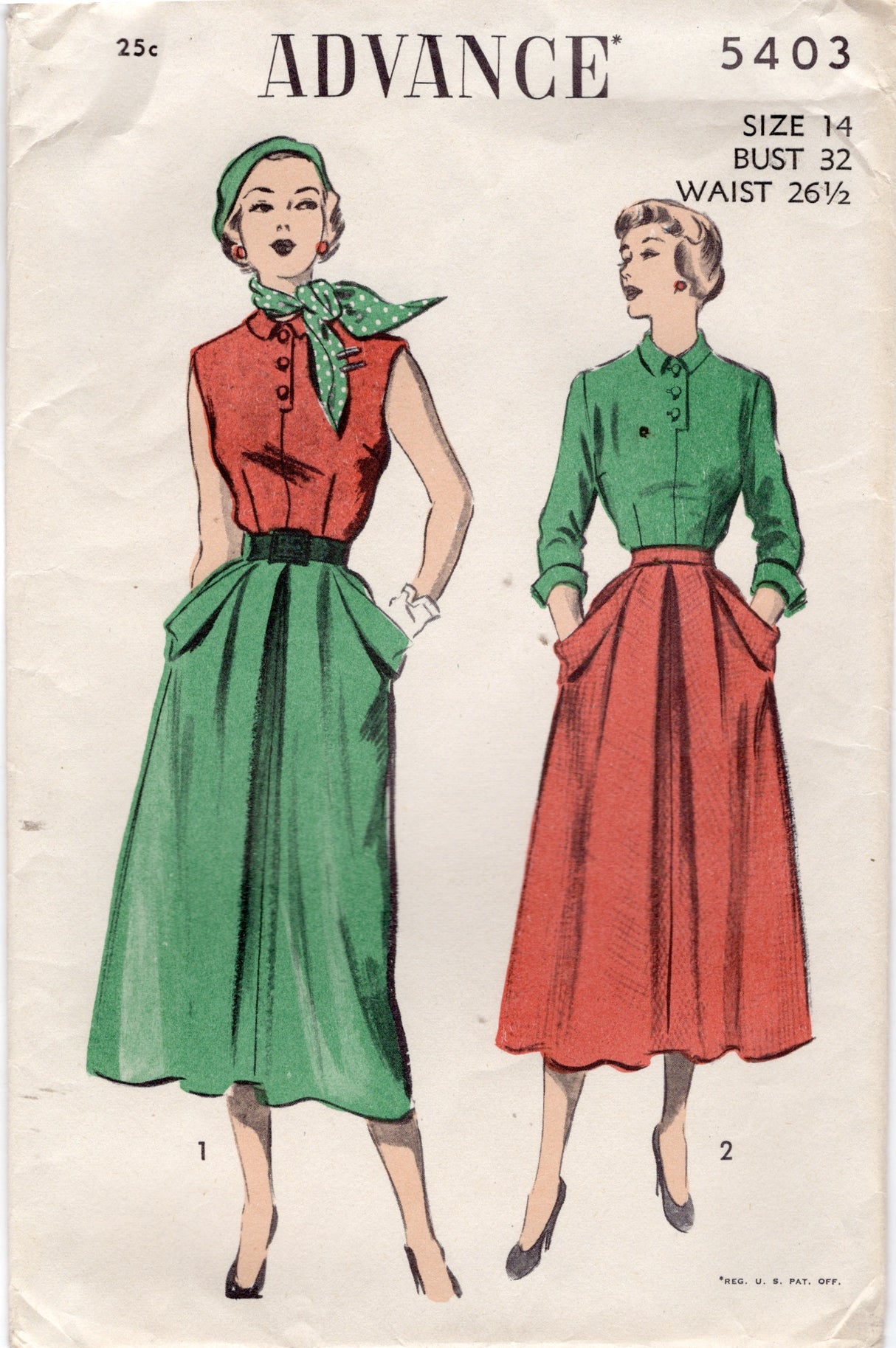 1950's Advance Half Button Blouse and Softly Pleated Skirt Pattern with Large Pockets - Bust 32" - No. 5403