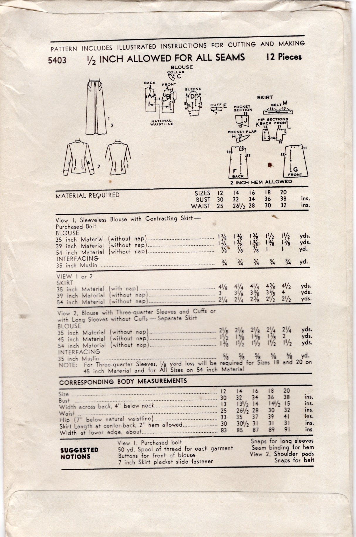 1950's Advance Half Button Blouse and Softly Pleated Skirt Pattern with Large Pockets - Bust 32" - No. 5403