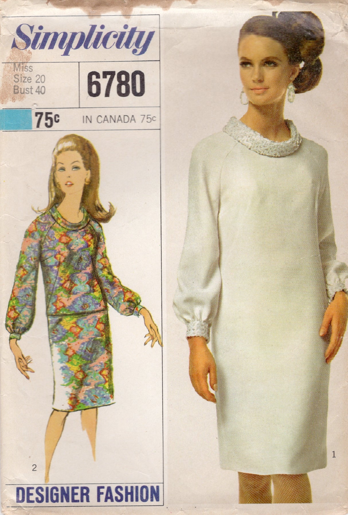 1960's Simplicity Raglan Sheath Dress or Tunic and Skirt Pattern - Bust 40" - No. 6780