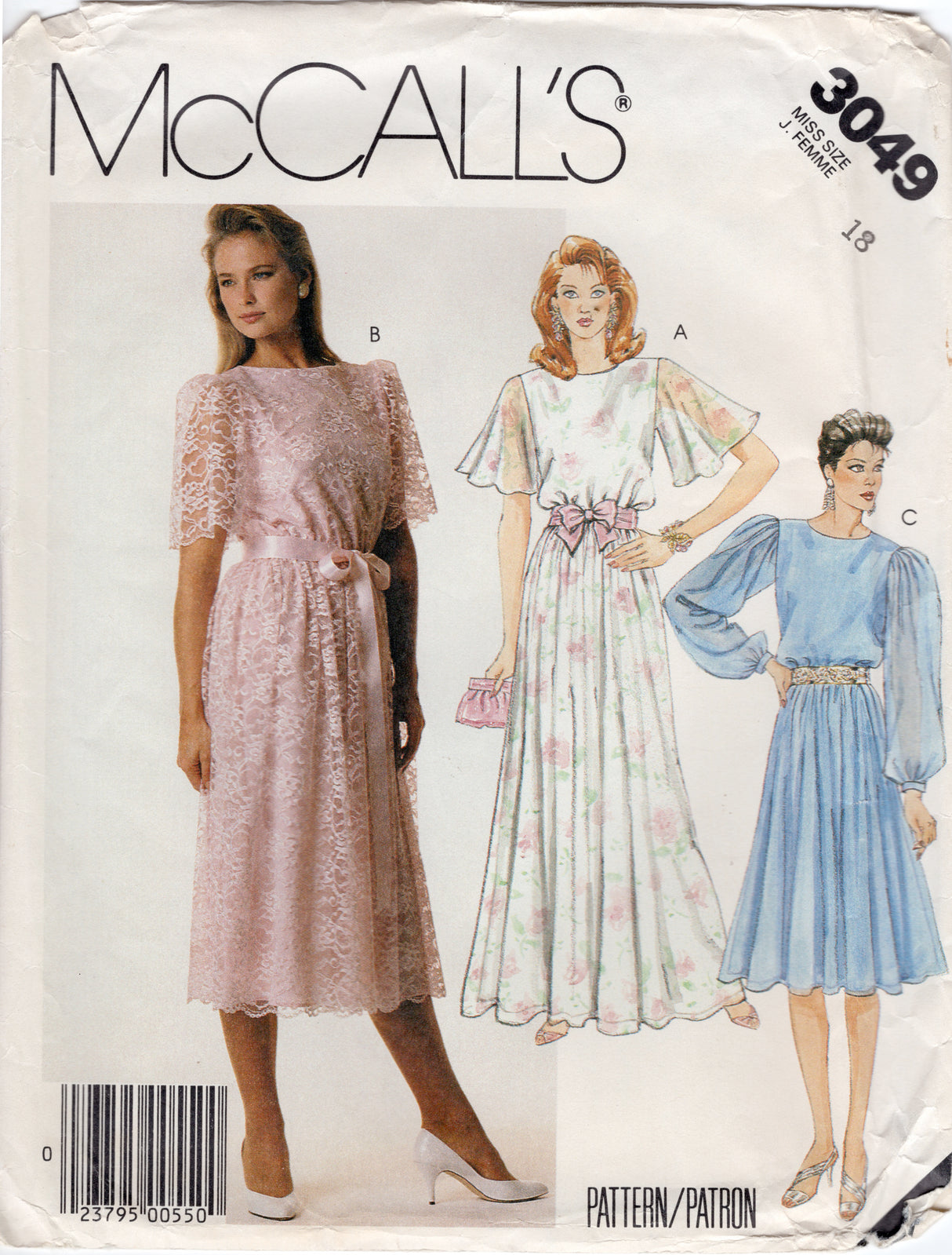 1980's McCall's Gathered Waist, Flared Sleeve Gown or Dress Pattern - Bust 40" - No. 3049