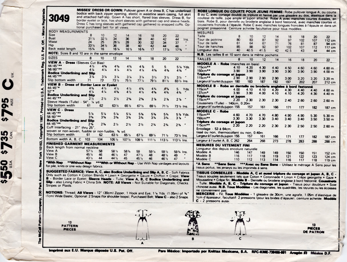 1980's McCall's Gathered Waist, Flared Sleeve Gown or Dress Pattern - Bust 40" - No. 3049