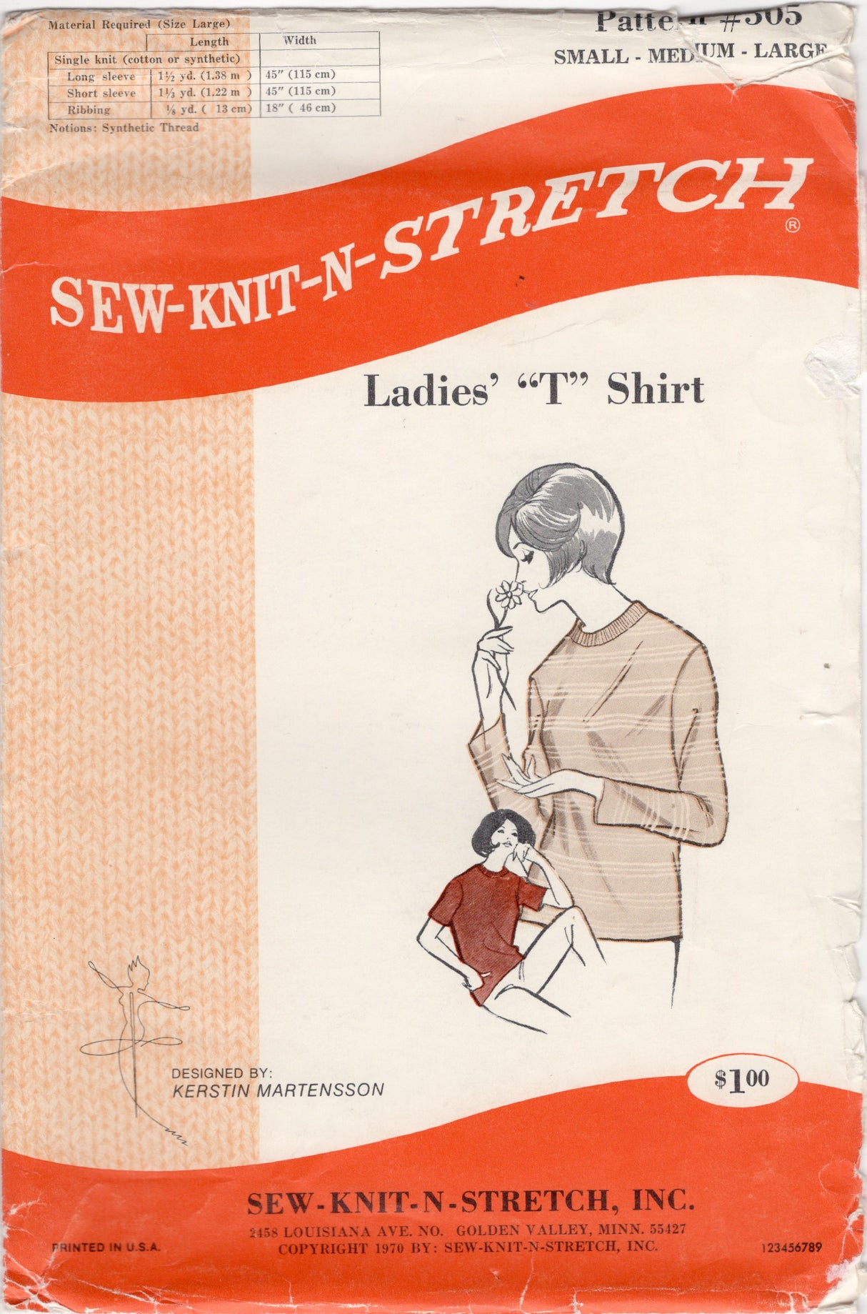 1970's Sew-Knit-N-Stretch T-shirt pattern - Sm-Lg - No. 305