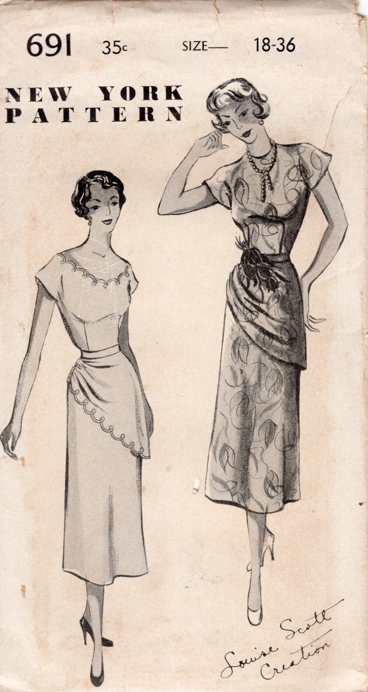 1950's New York Scallop or High Neckline Dress Pattern with Peplum - Bust 36" - No. 691