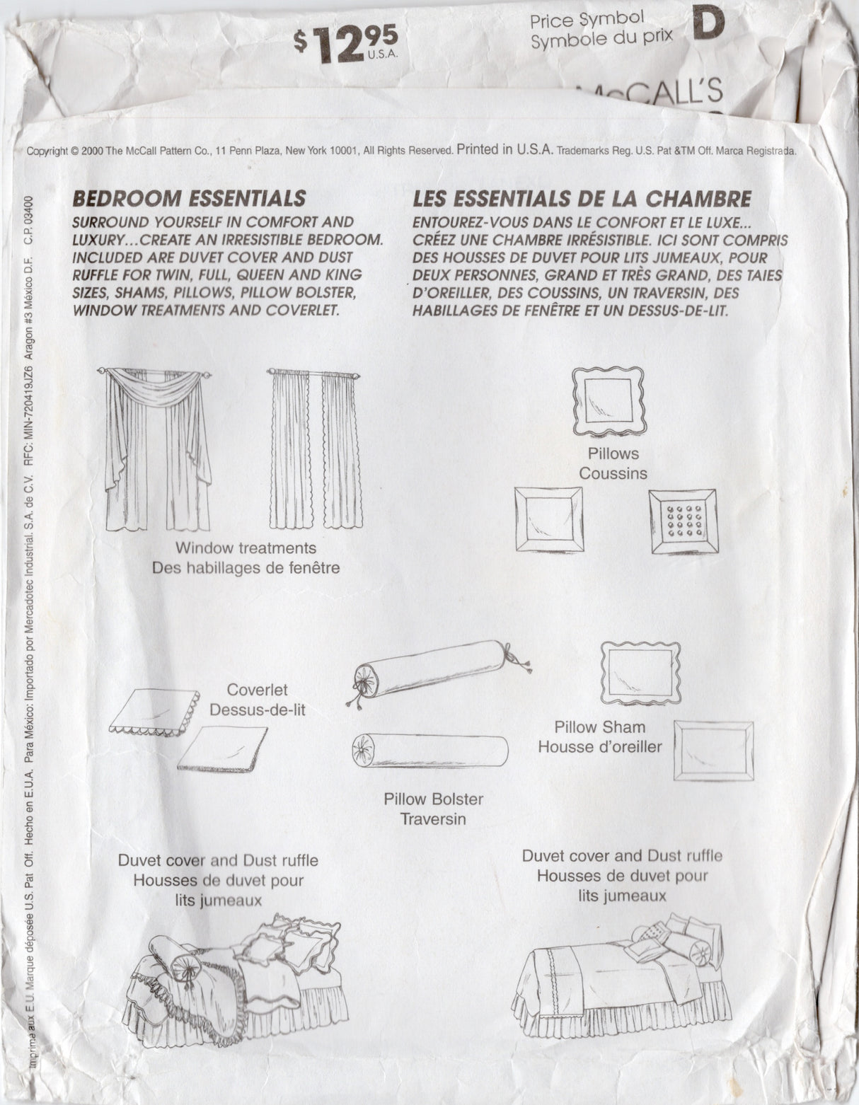 2000’s McCall’s Home Decorating Bedroom Essentials Pattern, Pillows, Pillow Shams, Curtains, Duvet Cover, Dust Ruffle - No. 3069