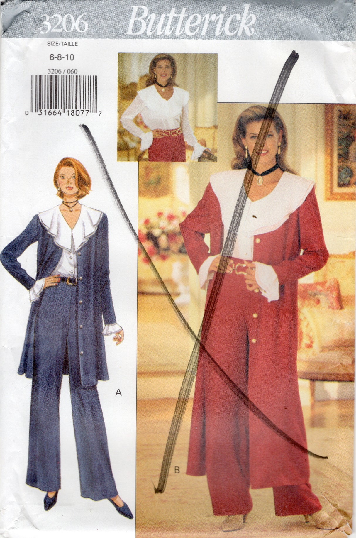 1990's Butterick Duster Jacket, Pants and V-Neck Shirt with large Collar Pattern - Bust 30.5-32.5" - No. 3206