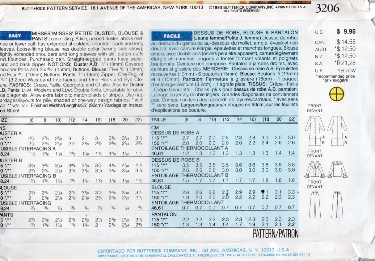 1990's Butterick Duster Jacket, Pants and V-Neck Shirt with large Collar Pattern - Bust 30.5-32.5" - No. 3206