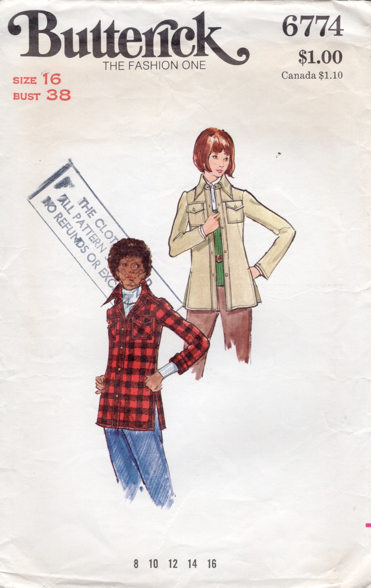 1970's Butterick Shirt Jacket Pattern with front pockets - Bust 38" - No. 6774