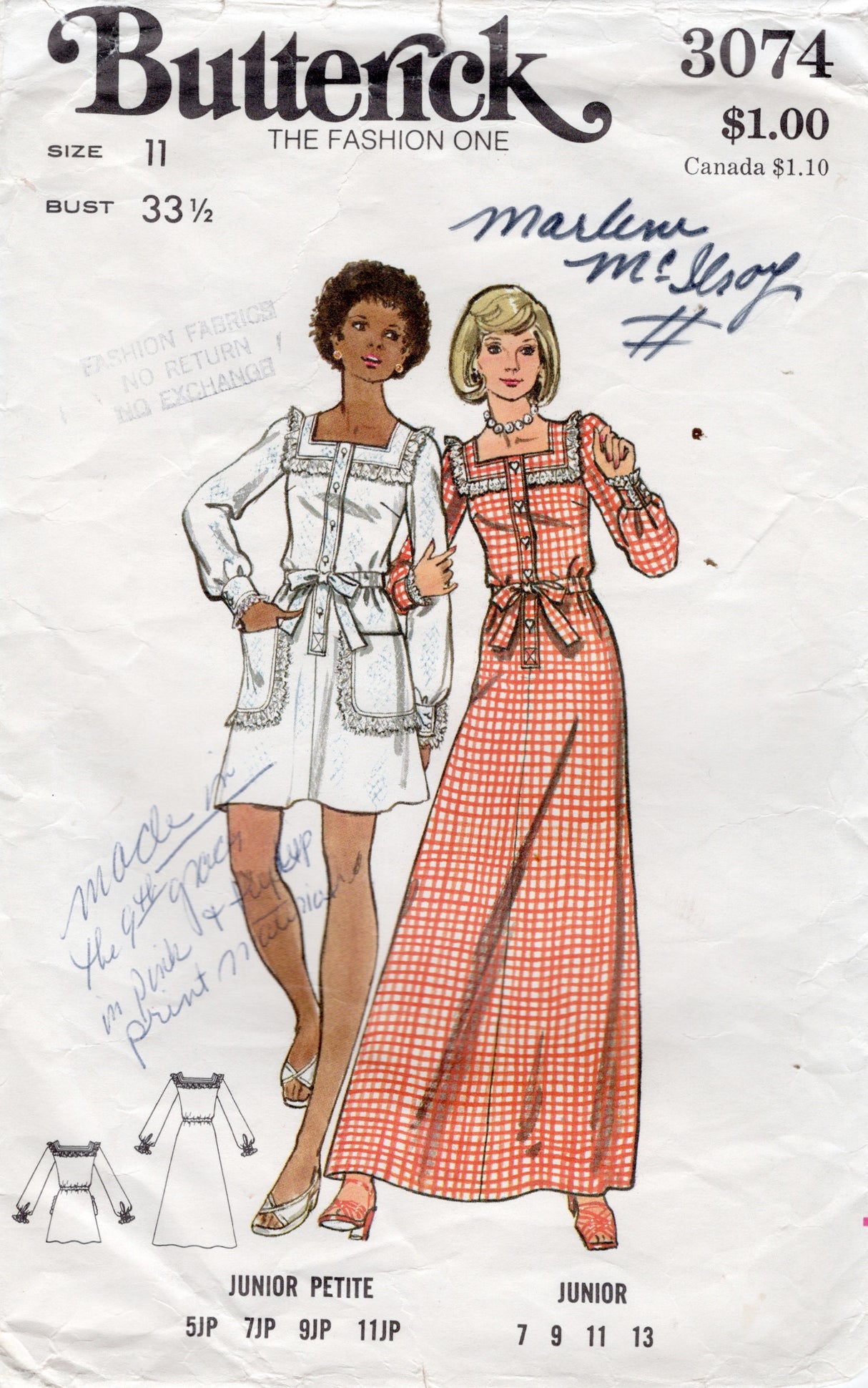 1970's Butterick A-Line Short or Long Dress with long sleeves - Bust 33.5" - No. 3074
