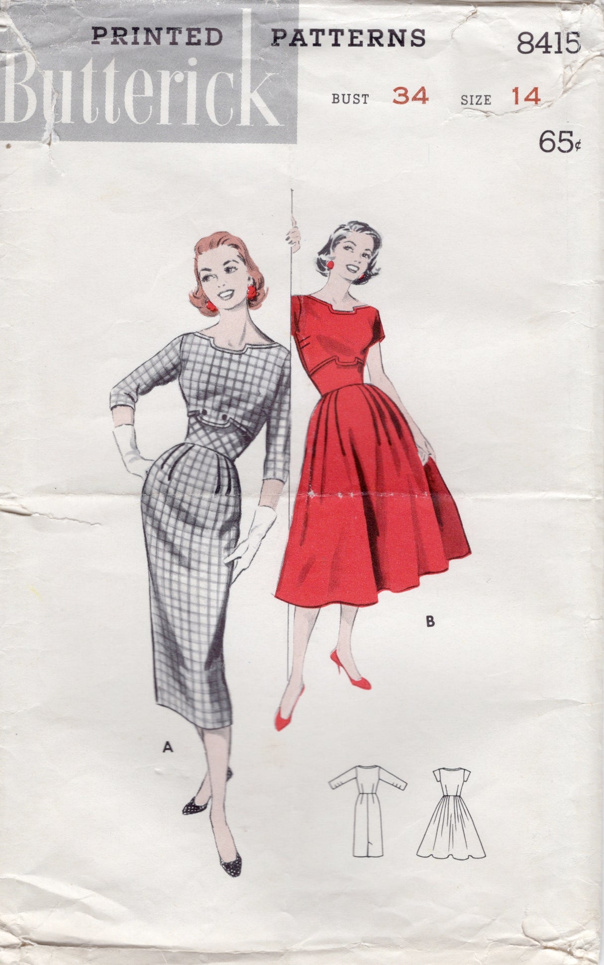 1950's Butterick Two-Skirted Dress with Short or Elbow Length Sleeves - Bust 34" - No. 8415