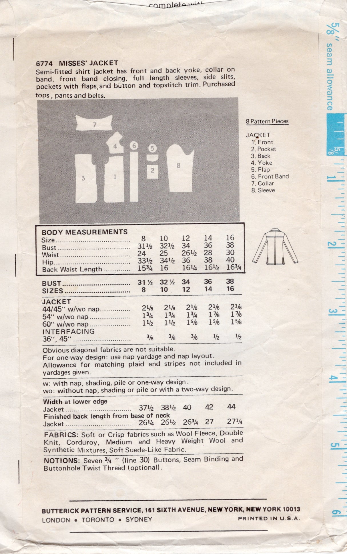 1970's Butterick Shirt Jacket Pattern with front pockets - Bust 38" - No. 6774