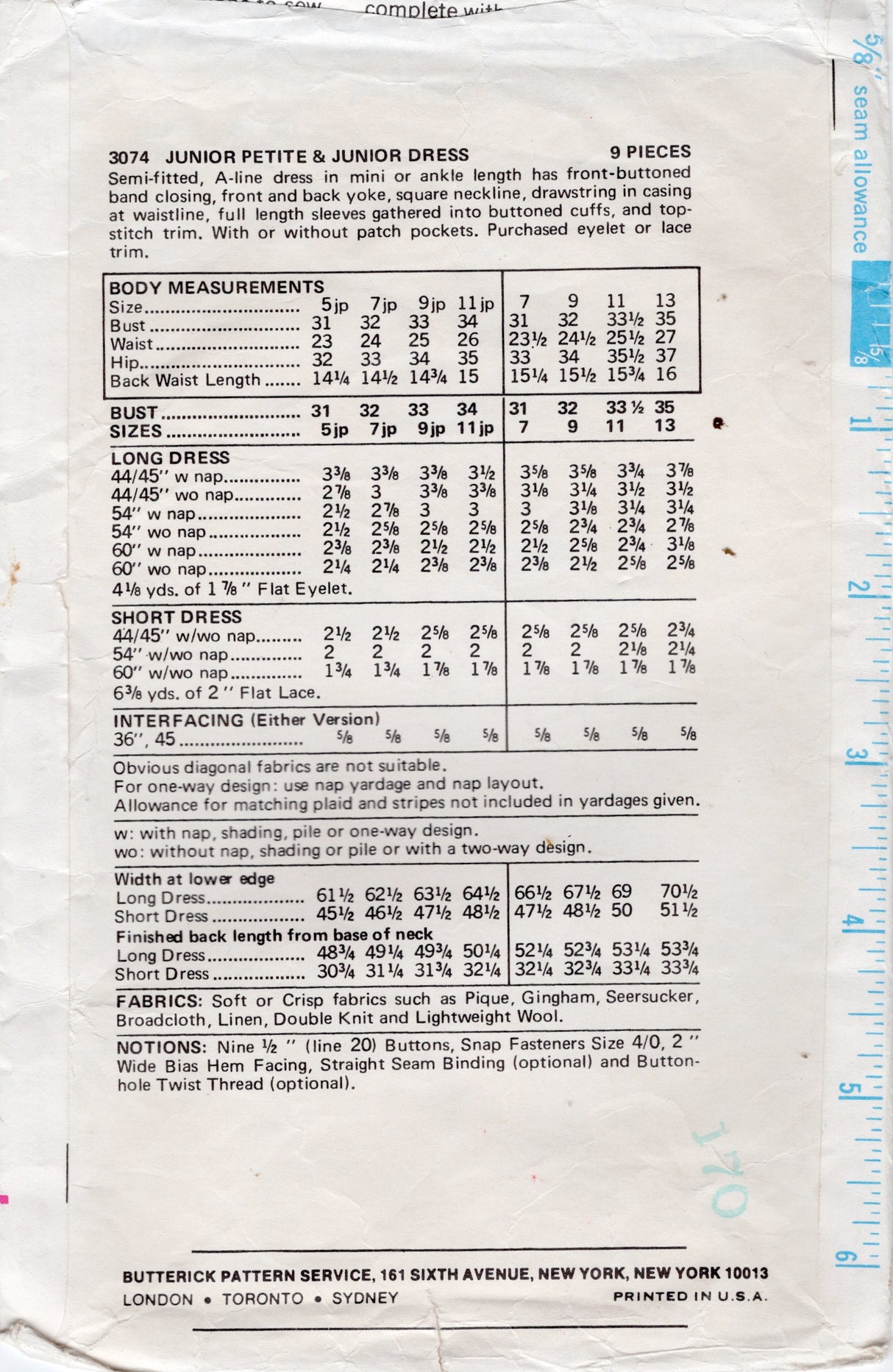 1970's Butterick A-Line Short or Long Dress with long sleeves - Bust 33.5" - No. 3074