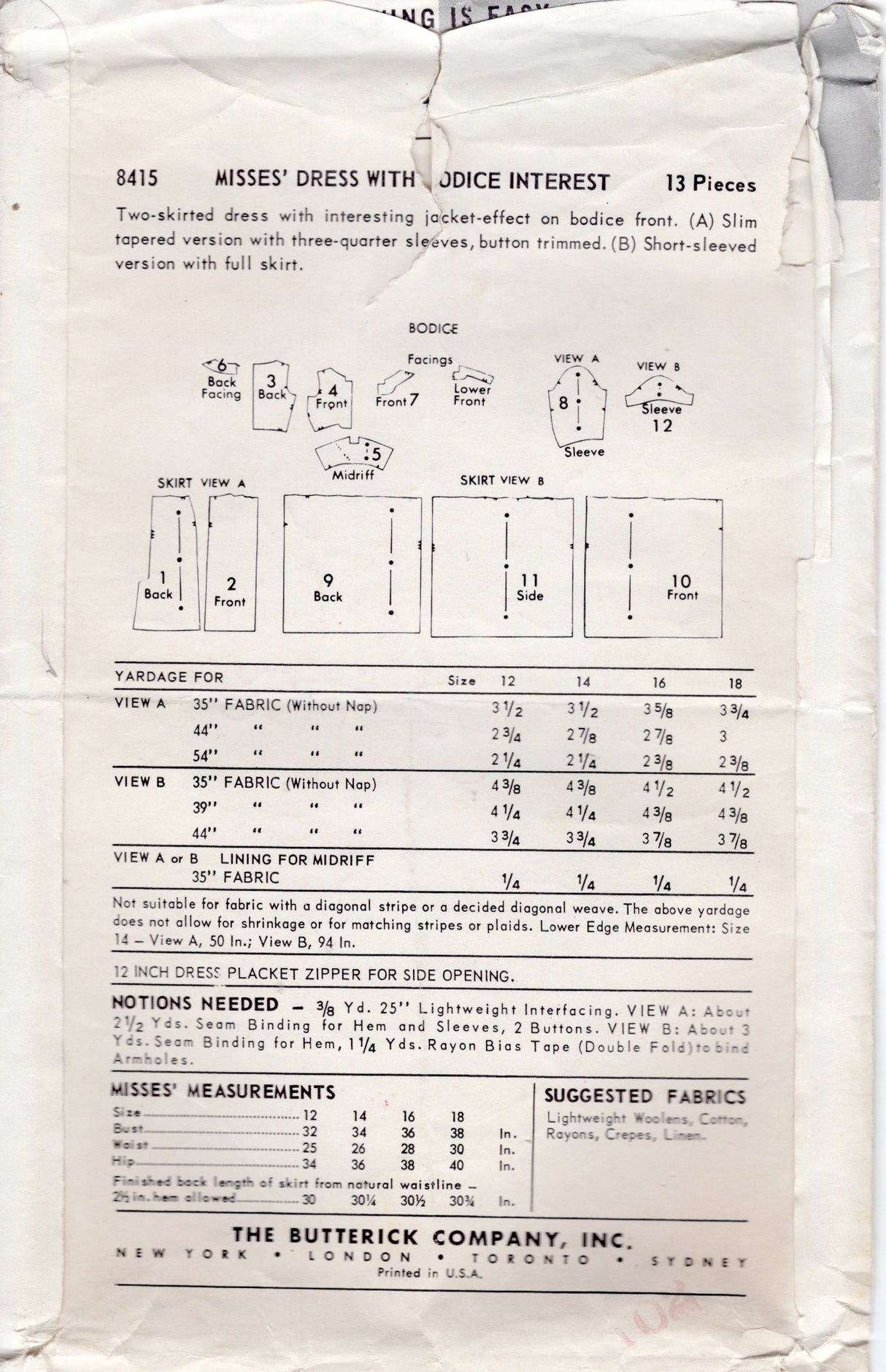 1950's Butterick Two-Skirted Dress with Short or Elbow Length Sleeves - Bust 34" - No. 8415
