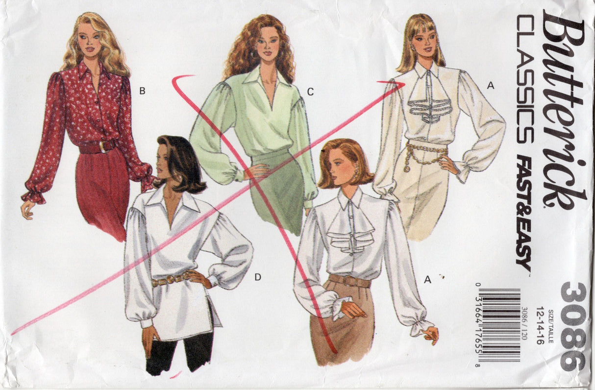 1990's Butterick V-Neck Shirt Pattern with Jabot - Bust 34-38" - No. 3086