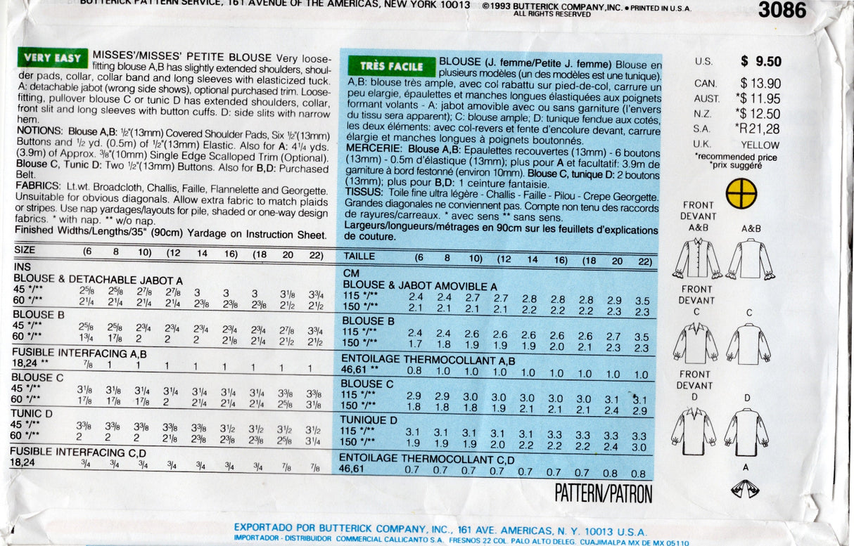 1990's Butterick V-Neck Shirt Pattern with Jabot - Bust 34-38" - No. 3086