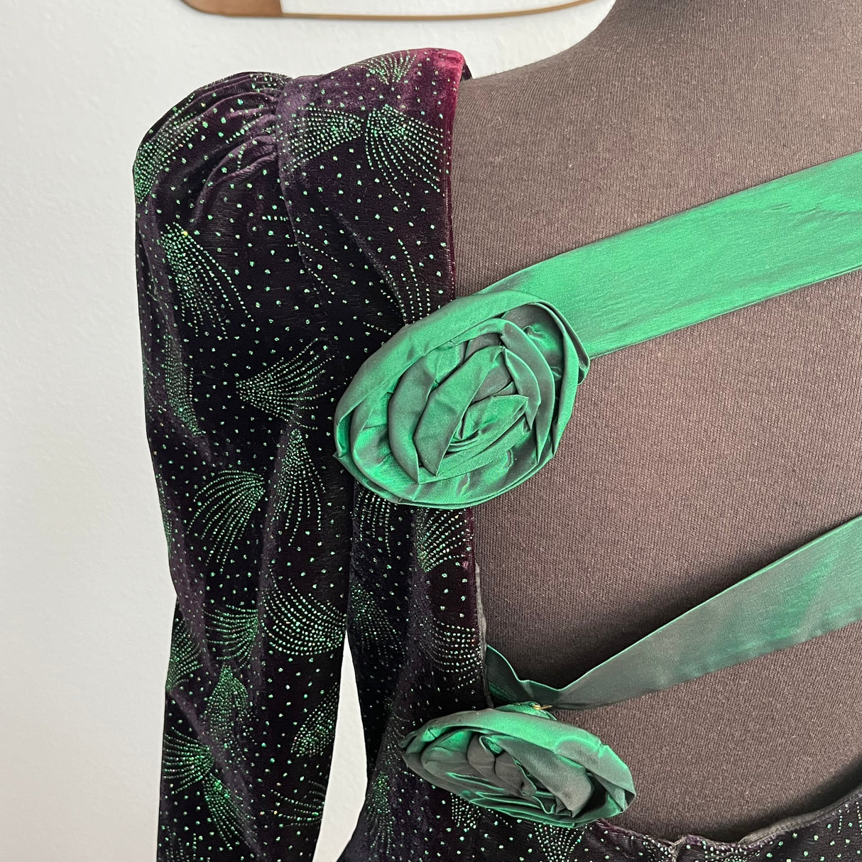 1980’s Black Velvet Taffeta Leg Of Mutton Sleeve Dress Leslie Fay Evenings XS