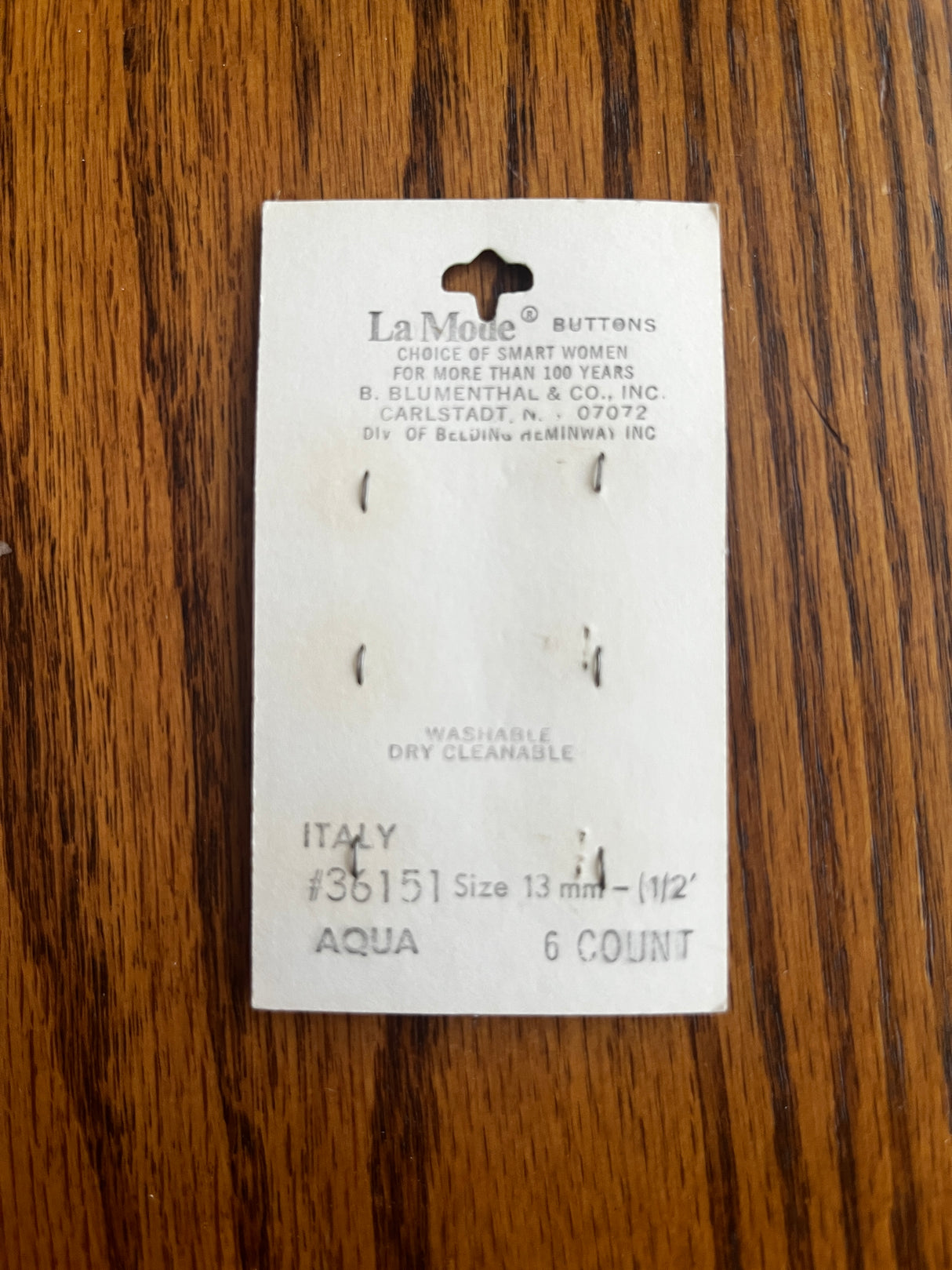 1980’s La Mode Aqua Blue Plastic Button - Set of 6 - 1/2” - on card