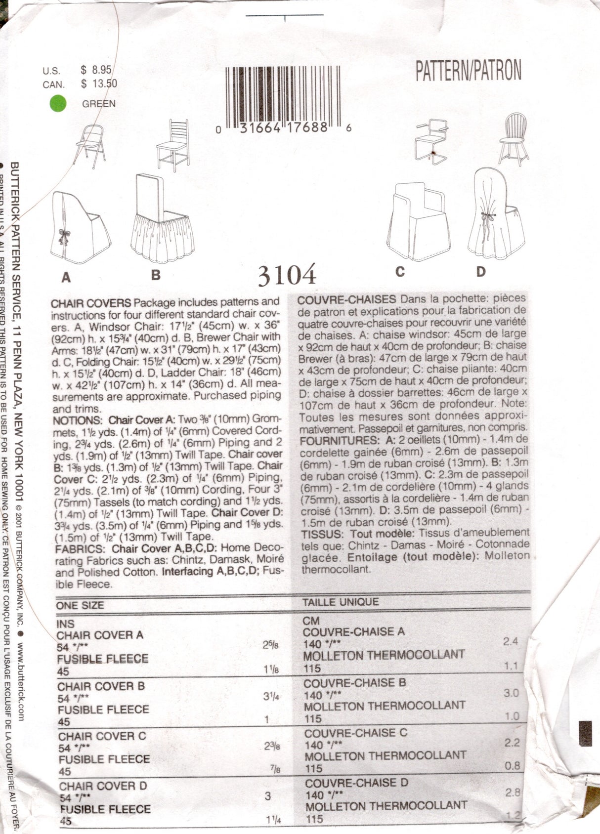 2000's Butterick Waverly Chair Covers - No. 3104