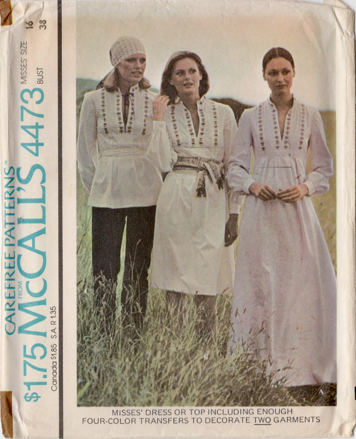 1970's McCall's Deep V Top, Mini or Maxi Dress Pattern with Four Color Transfer - Bust 38" - No. 4473