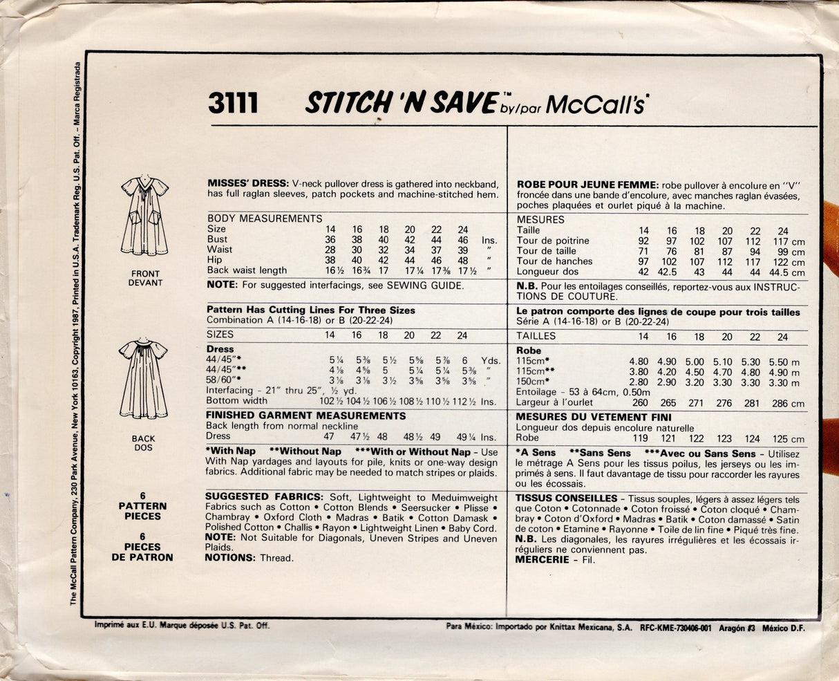 1980's McCall's MuuMuu Dress Pattern with Raglan Sleeves - Bust 36-40" - No. 3111