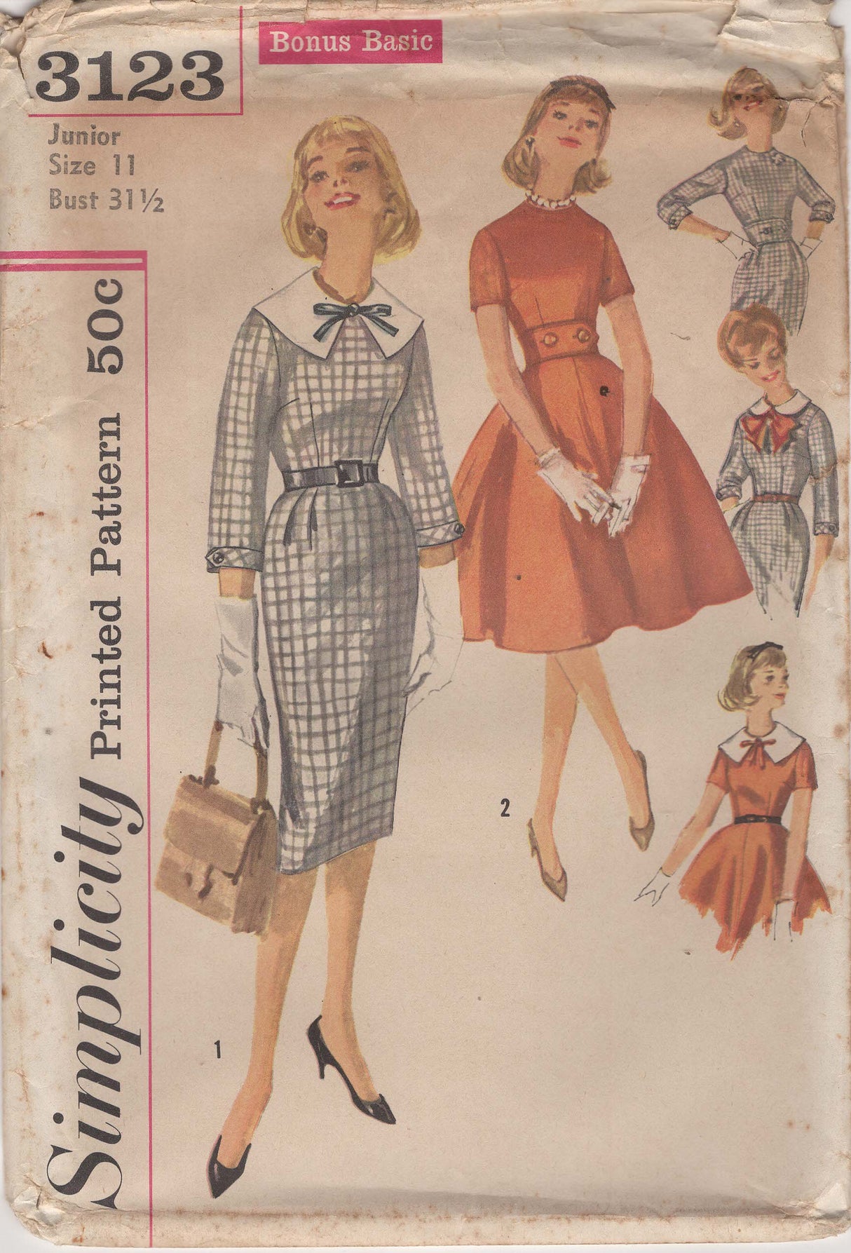 1950's Simplicity Junior's One Piece Dress with Slim or Flared Skirt, Detachable Collar and Belt - Bust 31.5" - No. 3123