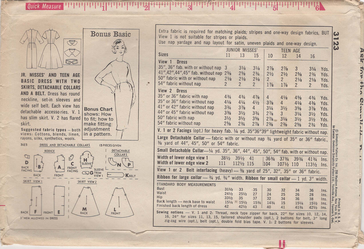 1950's Simplicity Fitted or Flared Dress Pattern - Bust 35" - No. 3123