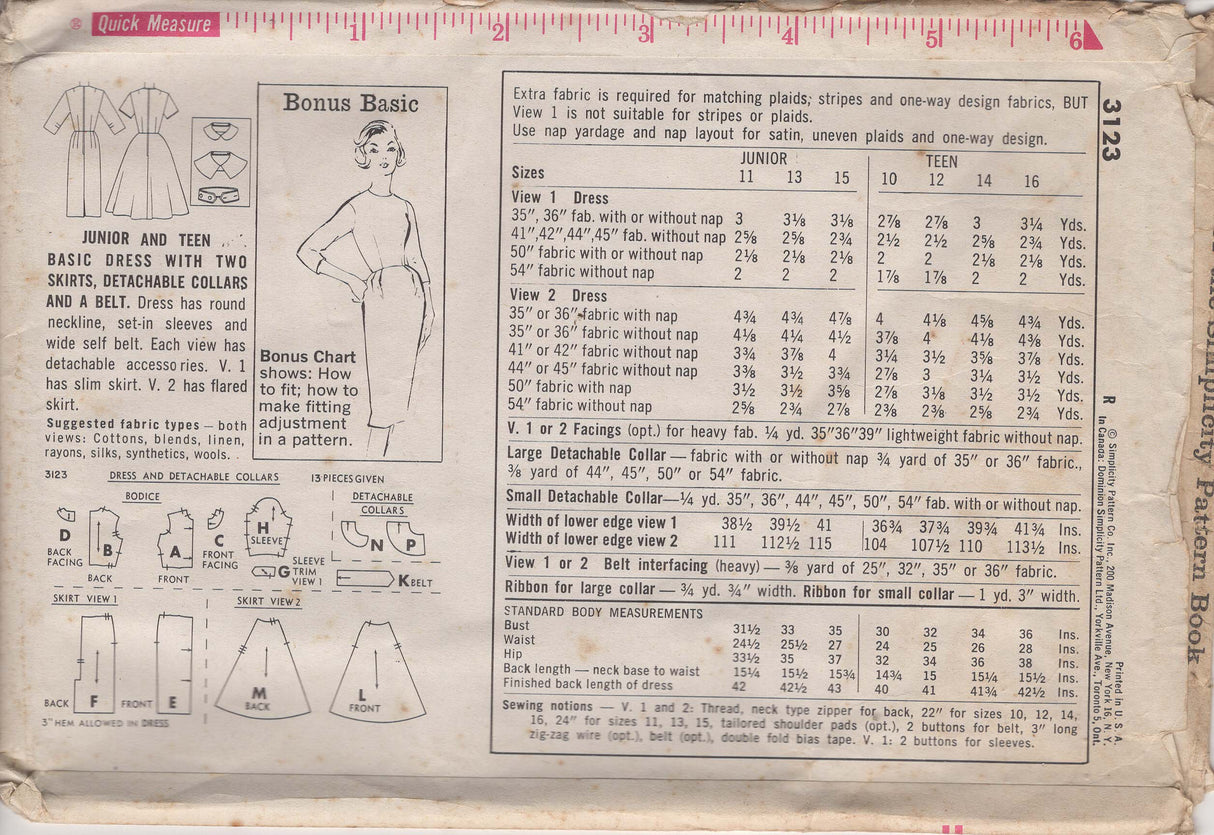 1950's Simplicity Junior's One Piece Dress with Slim or Flared Skirt, Detachable Collar and Belt - Bust 31.5" - No. 3123