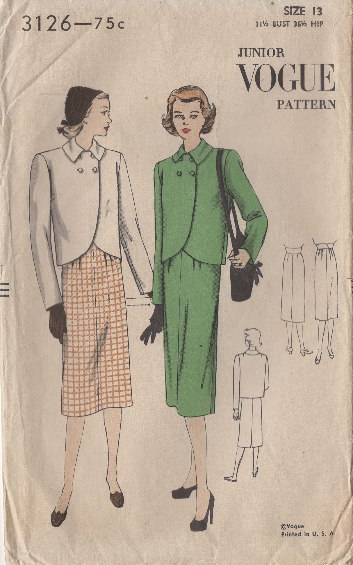 1940's Vogue Junior Jacket and Skirt Pattern with label - Bust 31.5" - No. 3126