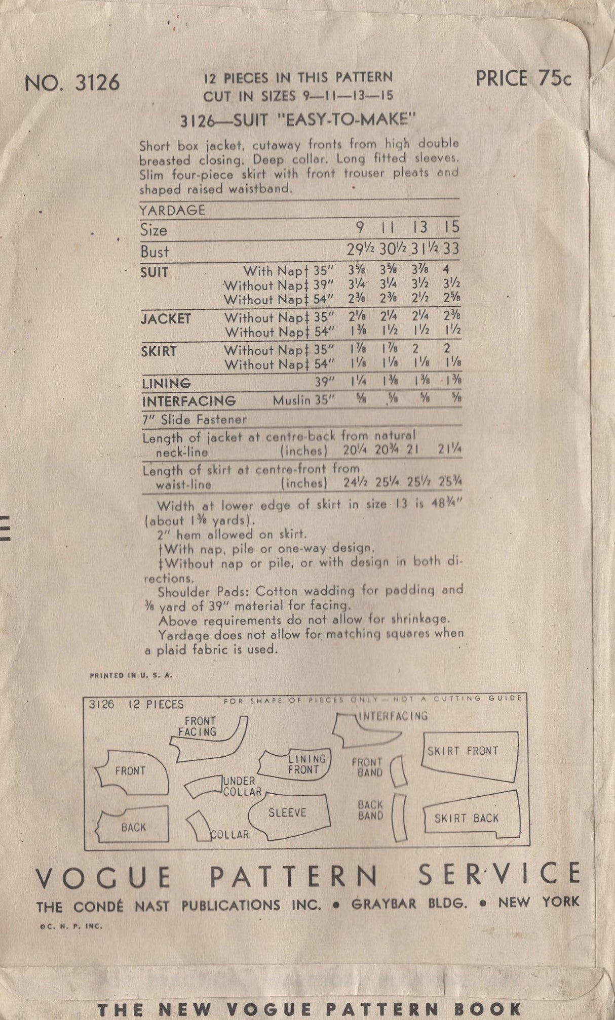 1940's Vogue Junior Jacket and Skirt Pattern with label - Bust 31.5" - No. 3126
