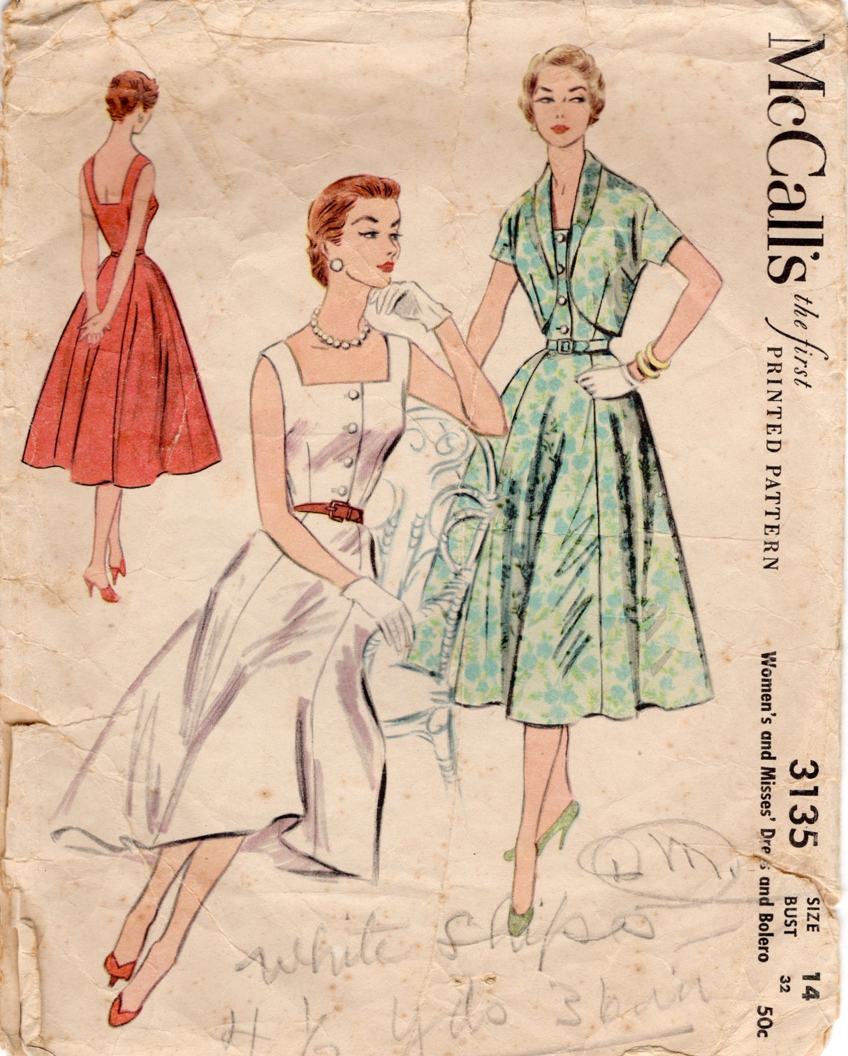 1950's McCall's Shirtwaist Dress with Gored Skirt and Bolero Jacket - Bust 32" - No. 3135