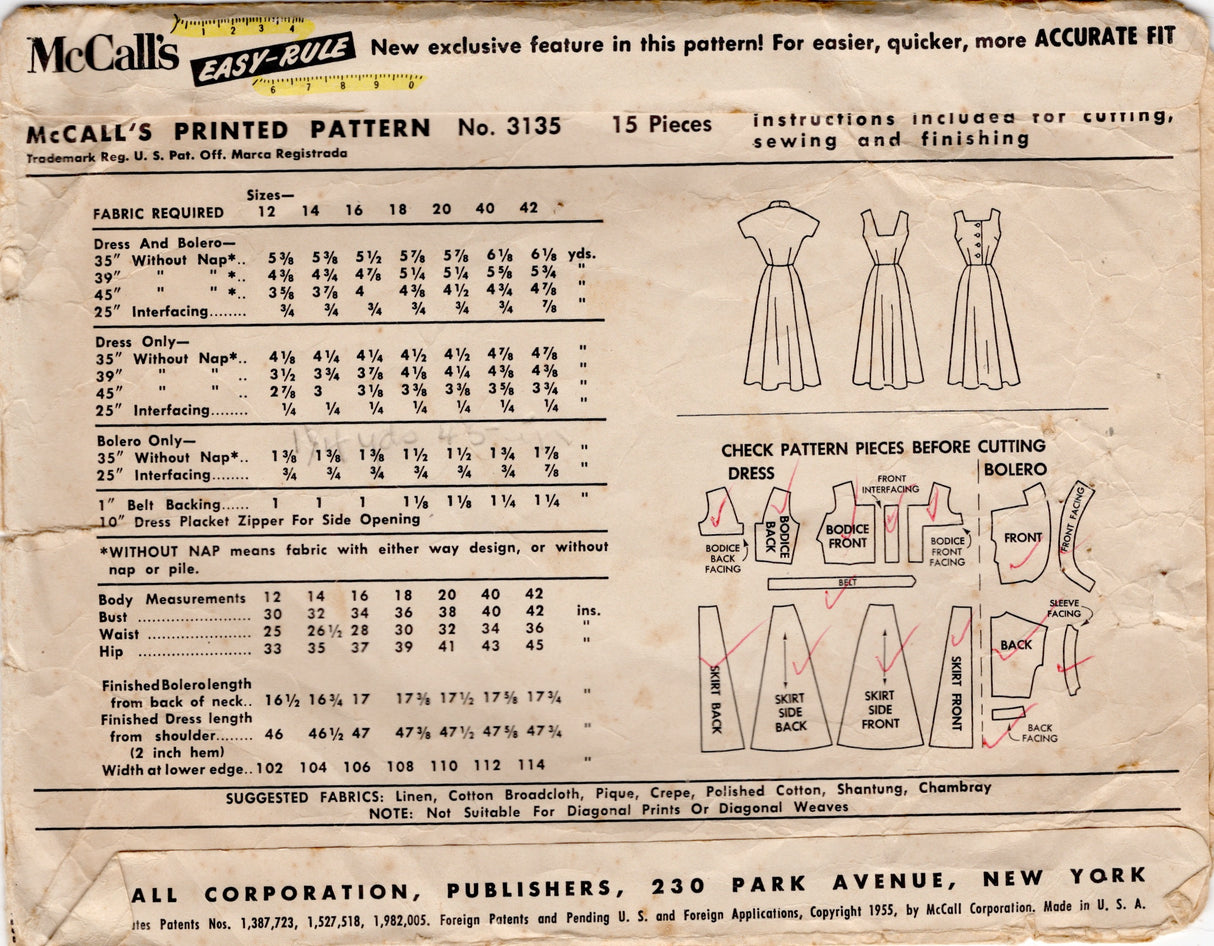 1950's McCall's Shirtwaist Dress with Gored Skirt and Bolero Jacket - Bust 32" - No. 3135