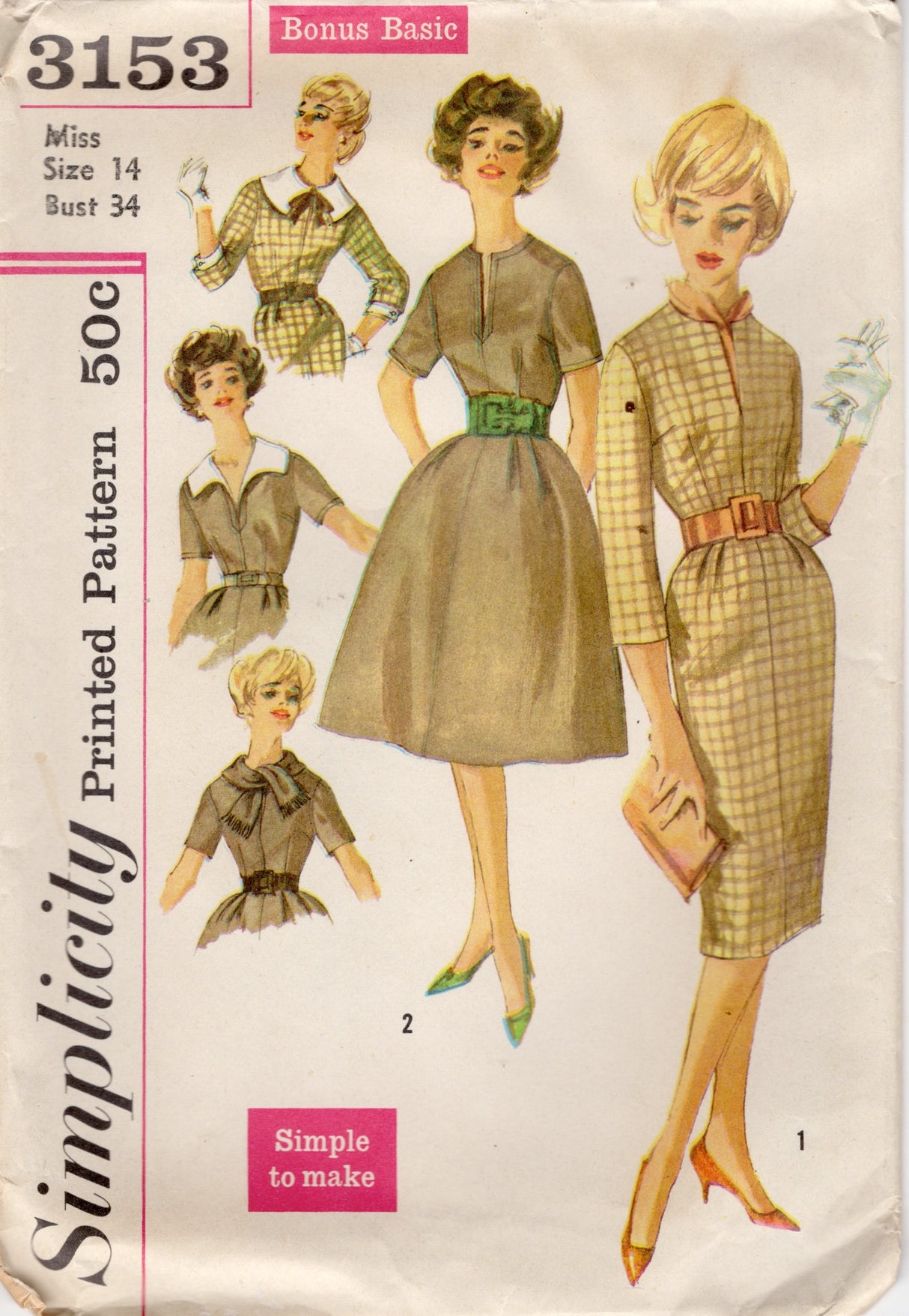 1950’s Simplicity Bonus Basic Dress Pattern with Detachable Collars an Sleeve Trim - Bust 34” - No. 3153